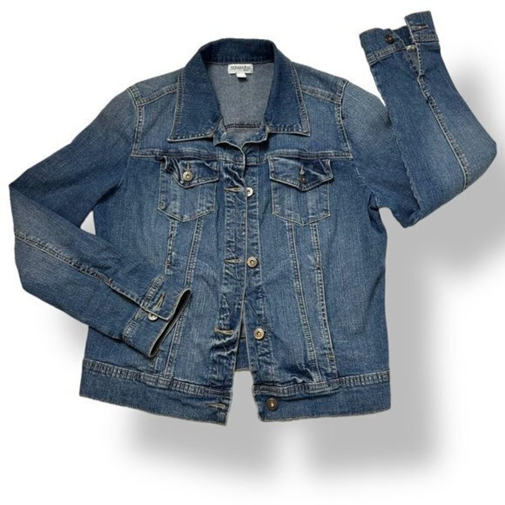 Women's St John's Bay Blue Denim Jean Trucker Jacket Sz L Classic Distressed